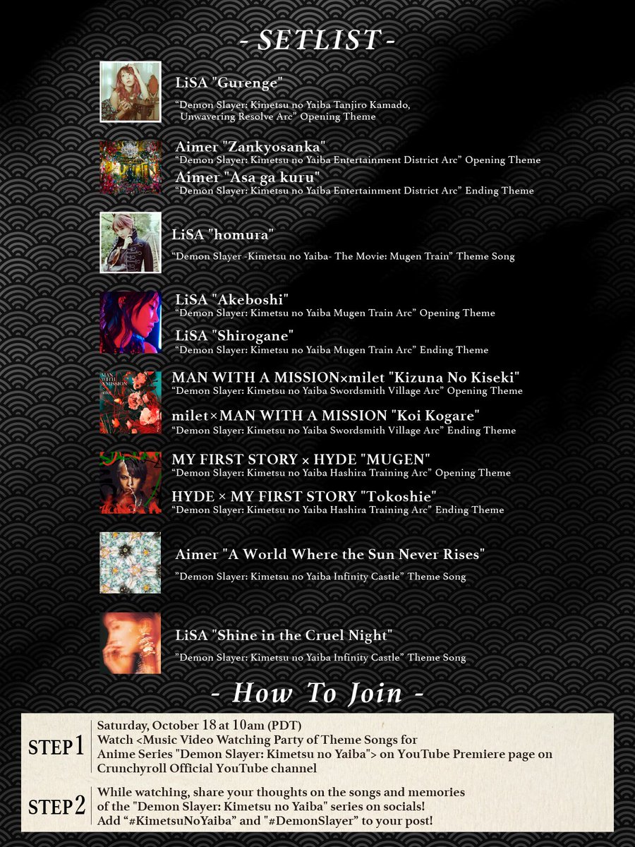 Crunchyroll's tweet image. Tune in to the Crunchyroll YouTube channel tomorrow from 10 AM PT for a Demon Slayer: Kimetsu no Yaiba music video marathon! 🔥 Featuring music by LiSA, Aimer, and more ✨ got.cr/KNYMVmarathon