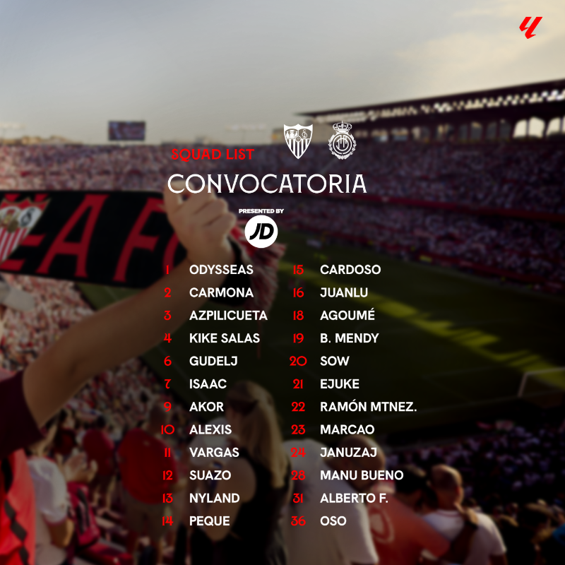 SevillaFC_ENG's tweet photo. 📋 Our 2️⃣4⃣-man squad ahead of #SevillaMallorca https://t.co/LEkPHggjIY