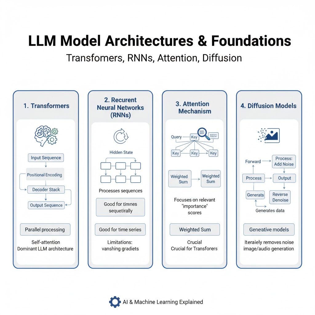 e_opore's tweet image. Model Architectures & Foundations in LLMs
✓ Large Language Models (LLMs) are built upon advanced neural architectures that define how they process, understand, and generate human language.
✓ These architectures , Transformers, RNNs, Attention Mechanisms, and Diffusion Models ,…