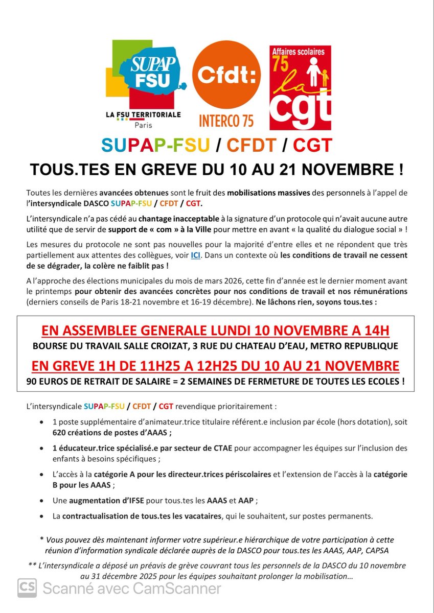 supapfsuanim's tweet photo. GRÈVE #Periscolaire à #Paris en novembre 
GRÈVE ILLIMITÉE POUR EXIGER

➡️ De meilleures conditions de travail  pour accueillir les enfants et  augmentation des rémunérations

➡️Le passage en catégorie A pour les directeurs périscolaires 

➡️La prime REP/REP+ pour les animateurs https://t.co/GcQQKIMGWu