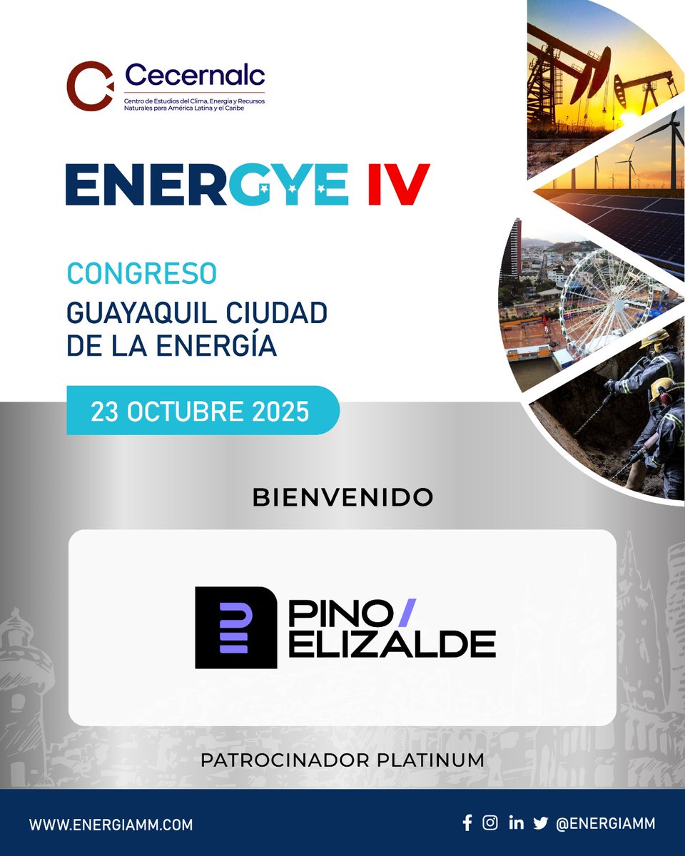 CECERNALC's tweet photo. 💬 ¡Gracias a @PinoElizalde  por su auspicio al #ENERGYEIV!
El IV Congreso “Guayaquil, Ciudad de la Energía” se realizará el 23 de octubre de 2025 ⚡
Juntos impulsamos el futuro energético del país. 🇪🇨

#Congreso #Guayaquil #Energía #Innovación https://t.co/Q6M3uHAxrS