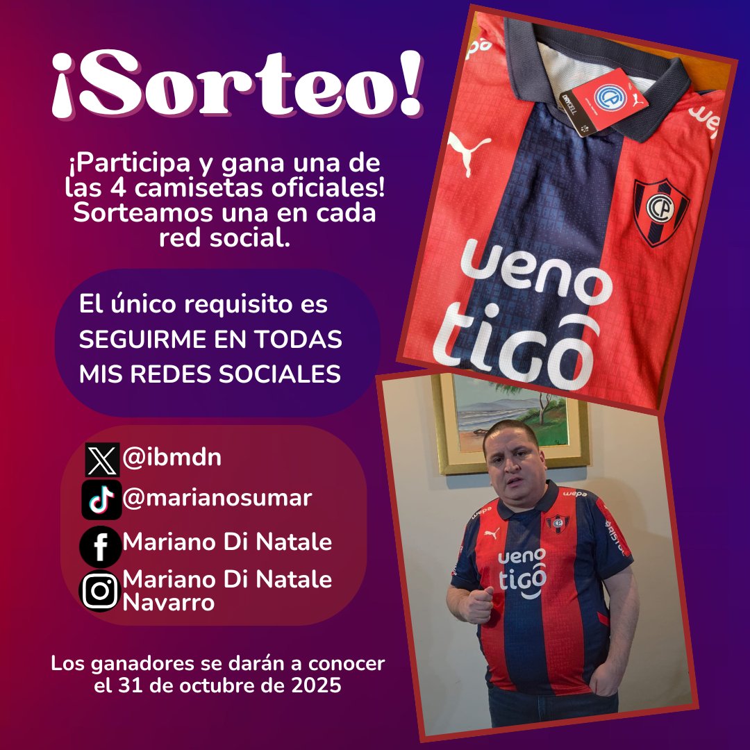 ¡SORTEO PARA SEGUIDORES DE X! ✨️Gana una camiseta oficial el 31 de octubre.
👉🏻Para participar solo tenes que seguirme!
¡No te pierdas esta oportunidad!