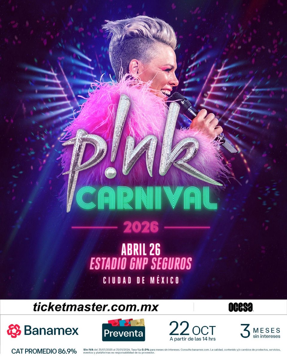 ¡Les traigo una premisa increíble! 
La #AlfaArtista, cantante de pop-rock, bailarina, acróbata y actriz estadounidense 🇺🇸 <a href="/Pink/">P!nk</a> vendrá a la CDMX el 26 de abril 2026 al <a href="/EstadioGNP/">Estadio GNP</a> y la PREVENTA será el 22/10/25, a partir de las 2:00 P.M. 💖🎀 👉🏻ticketmaster.com.mx/p-nk-boletos/a…
🔹 Estén