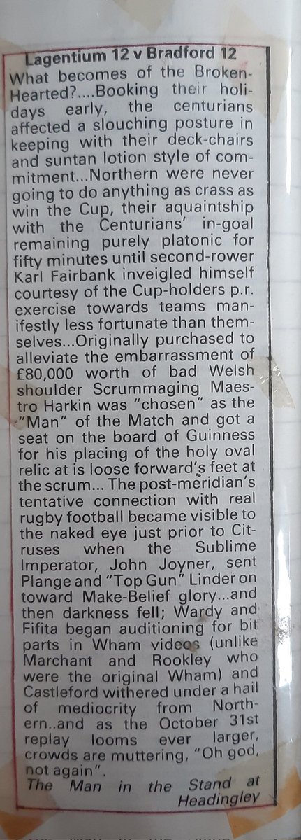 louiskasatkin's tweet photo. ON THIS DAY OCTOBER '87 .A less than impressive 80 minutes badinage Γ la #RugbyLeague endured by #TheManInTheStand for the sake of the #LeedsOtherPaper historic record. @CTRLFC @OfficialBullsRL https://t.co/dHvOHkcO6P