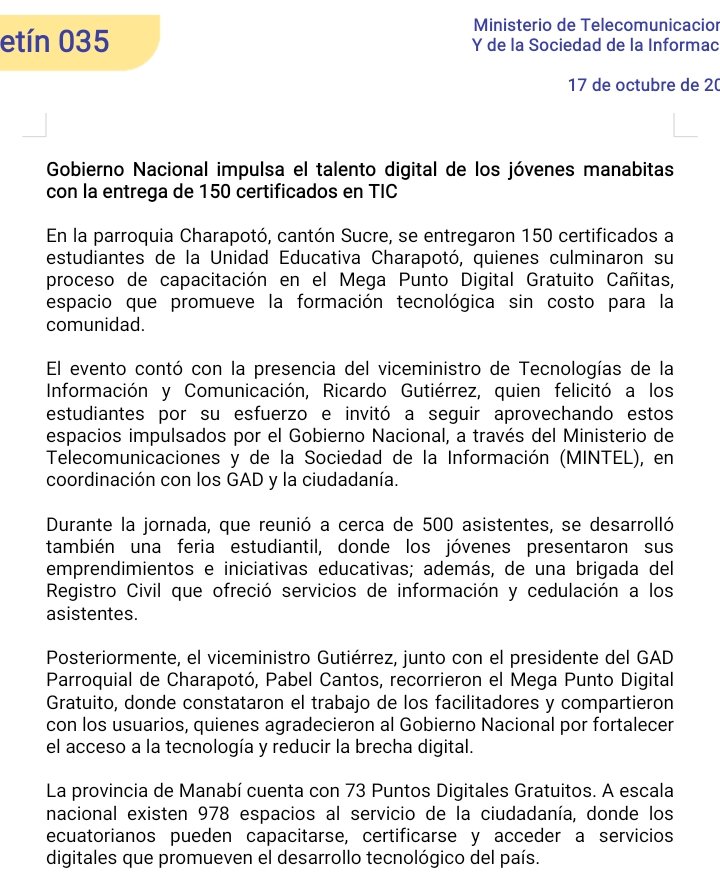 Gobierno Nacional impulsa el talento digital de los jóvenes manabitas con la entrega de 150 certificados en TIC