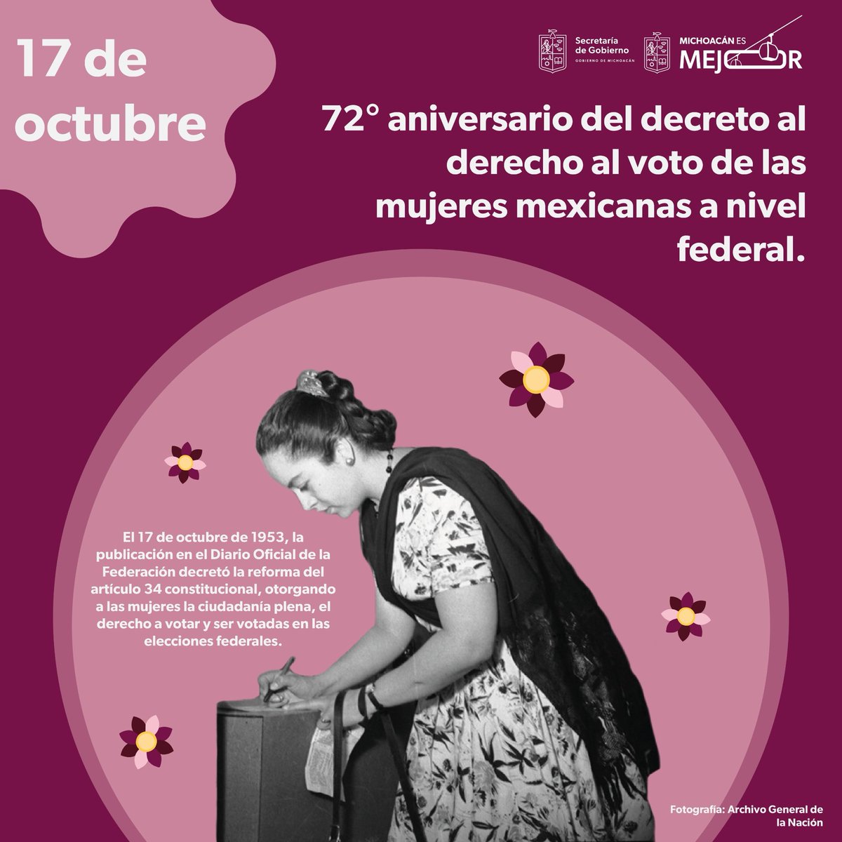 Hoy conmemoramos el 72° Aniversario del Decreto al Derecho al Voto de las Mujeres en México, una logro obtenido a través de  esfuerzo, organización y convicción de miles de mujeres que exigieron igualdad y justicia.

#MichoacánEsMejor