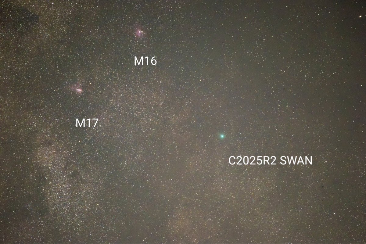 lagnarockguy's tweet image. 2025.10.17 19：14 頃の
C/2025R2(SWAN)です。
M16とM17が近くに！
夕方の空、夏の天の川を左に移動中です。

EOS R6mk2,RF70-200f2.8
5s,f3.ISO8000

#天体写真
#スワン彗星
#C2025R2SWAN