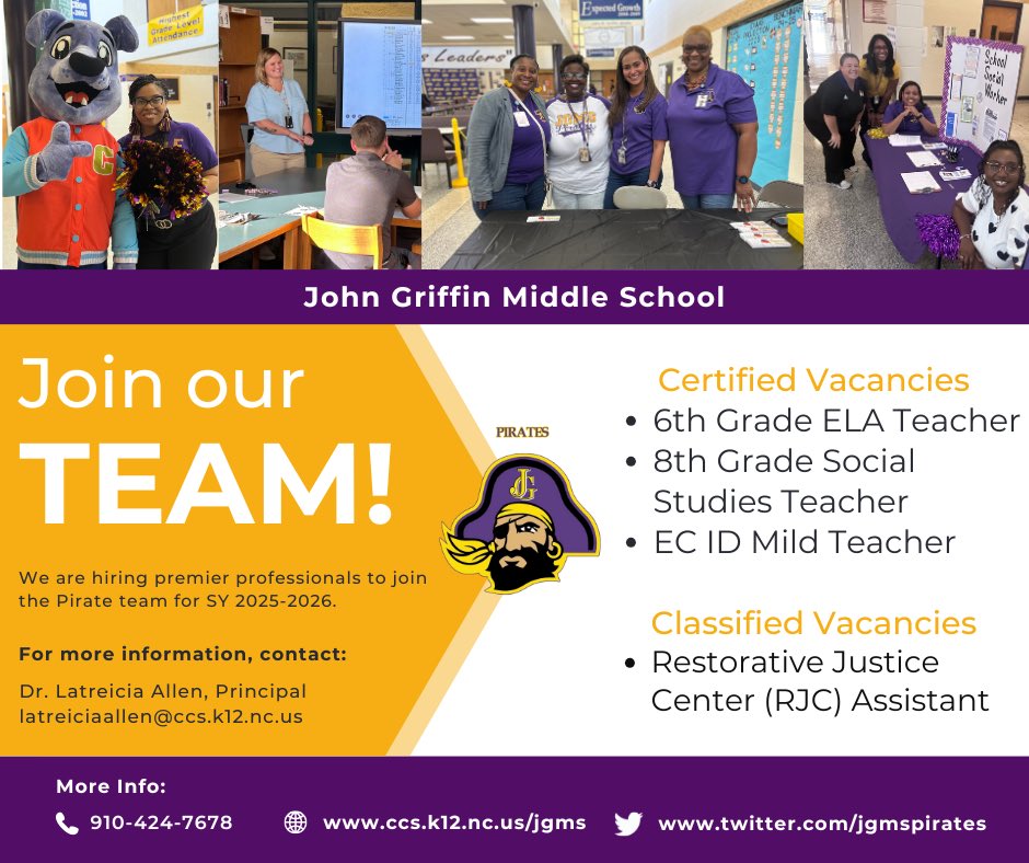 John Griffin Middle School (@jgmspirates) on Twitter photo We are hiring for dynamic premier professionals at #JGMSPirates! Please contact Principal <a href="/LatreiciaAllen/">Dr. Latreicia Allen</a> for more information!
#OneCrewOneCompass We are hiring for dynamic premier professionals at #JGMSPirates! Please contact Principal <a href="/LatreiciaAllen/">Dr. Latreicia Allen</a> for more information!
#OneCrewOneCompass