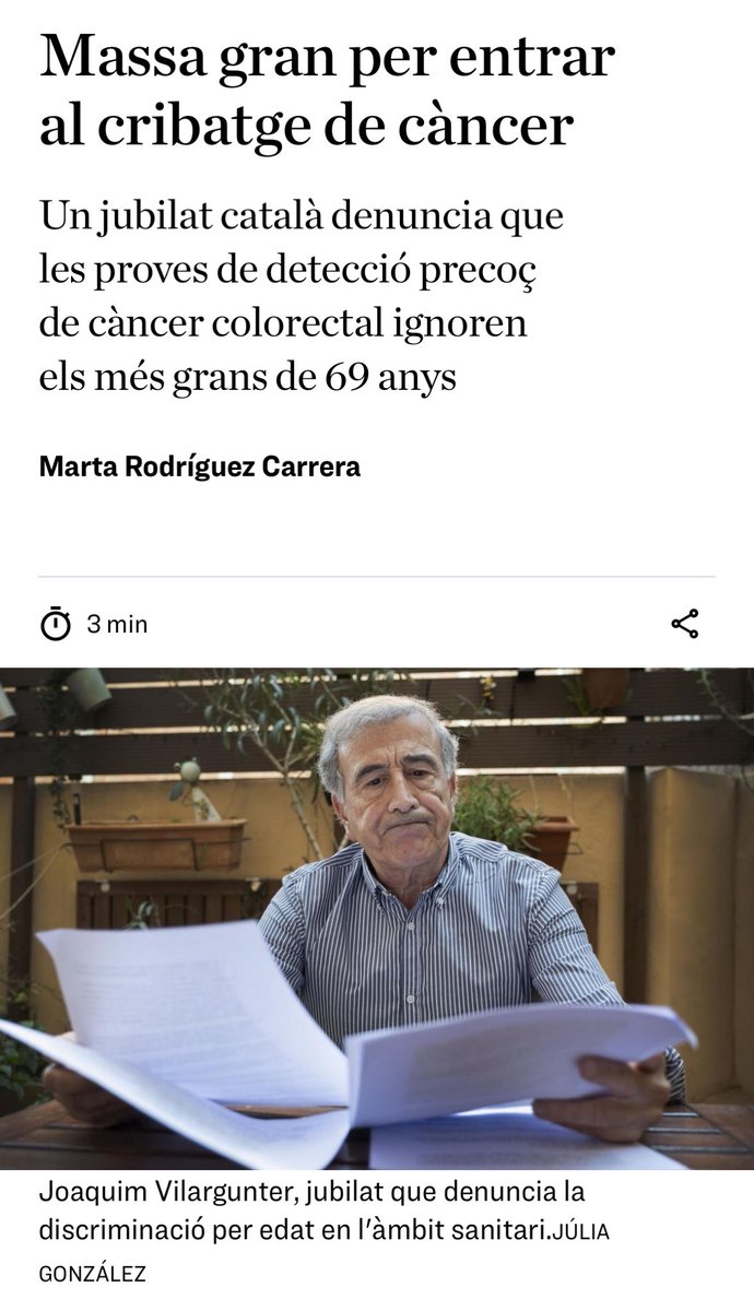Aquest senyor tan eixerit és el meu pare, a qui de moment el Departament de <a href="/salutcat/">Salut</a> no fa cas. Una prova de càncer colorectal costa uns 10 euros, mentre que el tractament de la malaltia en costa milers: això, és clar, si no arriba massa tard.