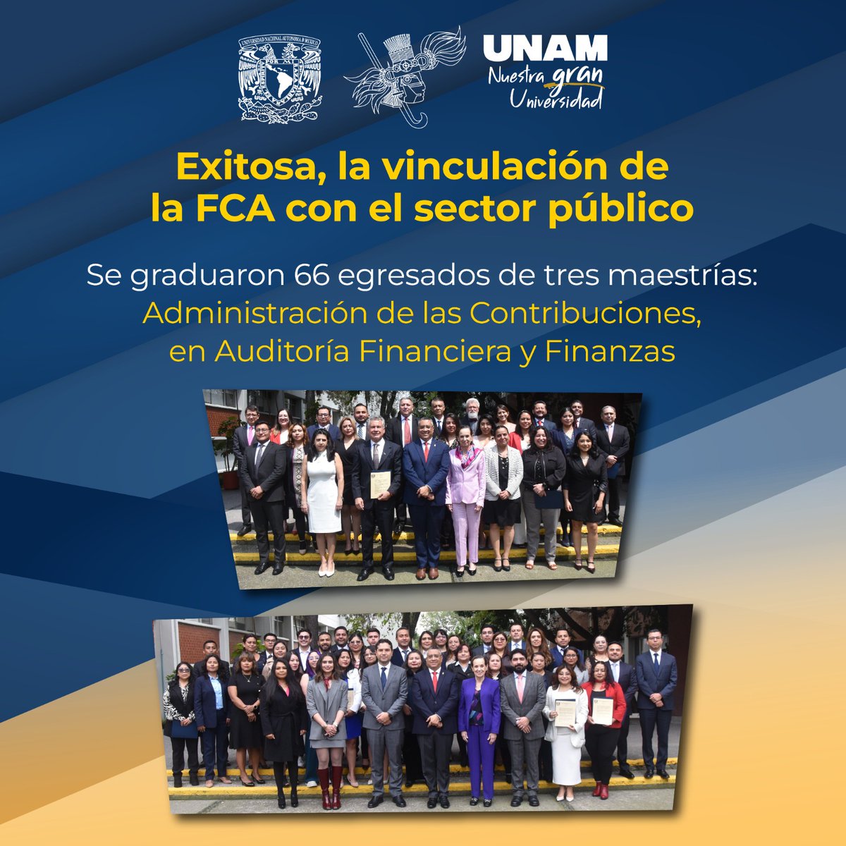 FCAUNAMOFICIAL's tweet photo. 66 egresados de las maestrías en Administración de las Contribuciones, Auditoría Financiera y Finanzas culminaron sus estudios gracias a la colaboración entre la FCA, el SAT y la CNSF, fortaleciendo la profesionalización del sector público.
🔗 https://t.co/G4N1S2K32A
#PosgradoFCA https://t.co/cOTL8jORCU