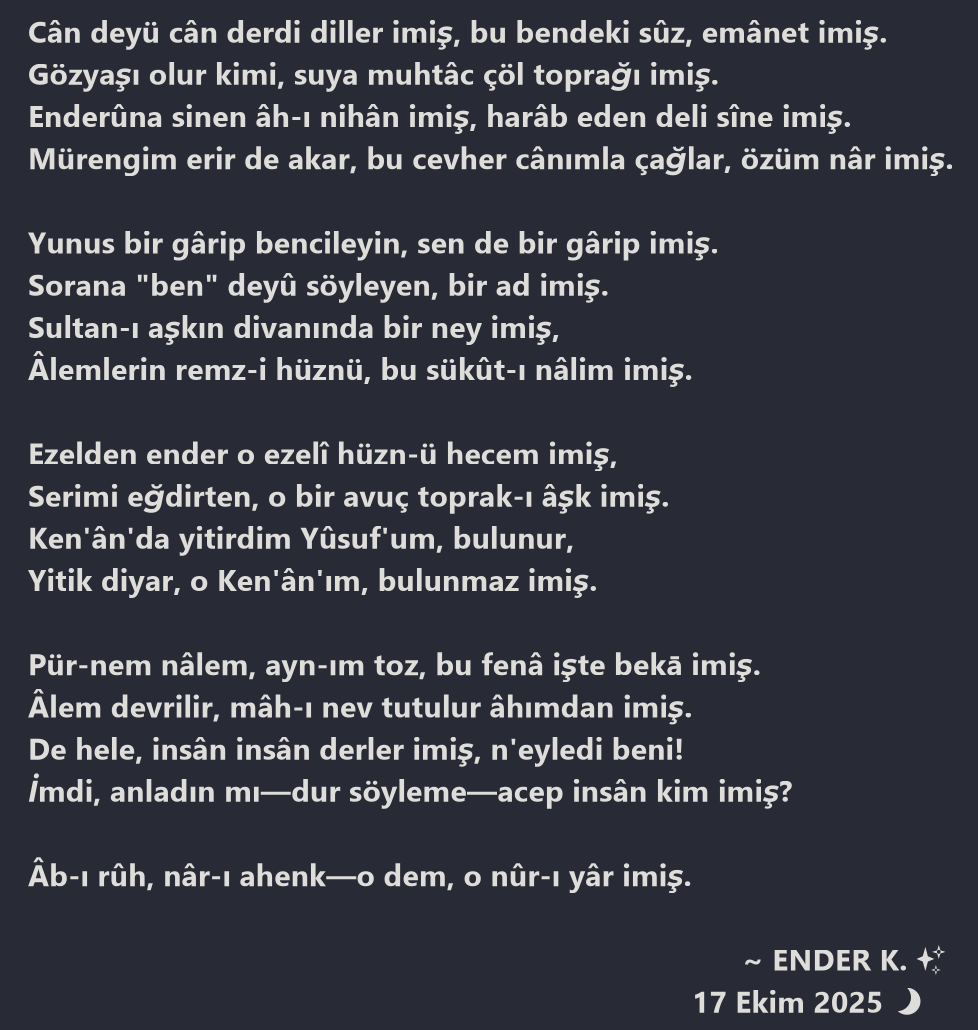 encoder_isr's tweet image. 🌑 WASM kâçamaklarımda bir dinleti; Çalakalem'in çalaküşûnu karalarken, Anadolu'mun ulu çınarlarının omzuma dokunduğu o gece.. ⭐️
📁 ~ Yusuf’u Kaybettim
├─ 📄 türkü: youtu.be/j7ilbvrnZu8?si…
├─ 📄 nefes: youtu.be/AHPsGl1RZwM?si…
├─ 📄 nağme: tr.wikisource.org/wiki/Yusuf%27u……