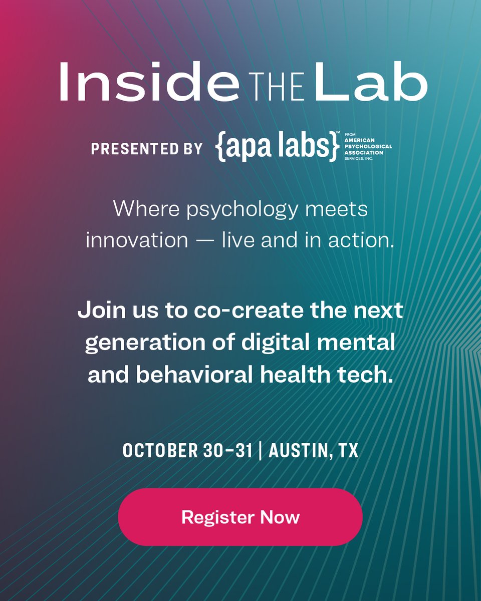Innovation in psychology starts here. 

Inside the Lab is the first event of its kind—a live, collaborative experience where psychologists, founders, and investors come together to design ethical, evidence-based behavioral health solutions.  

Learn more: apa-labs.com/events/inside-…