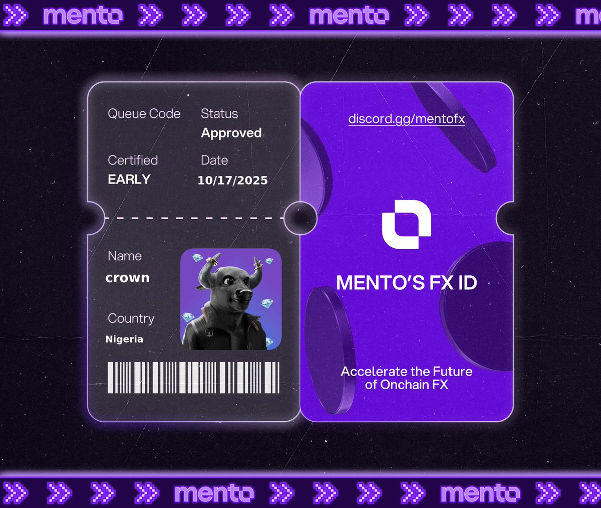 Crowndex reddio📻 (@crowndexonweb3) on Twitter photo GM wider Community 🟪
$7.5T moves daily in TradFi FX.
Now it moves onchain with <a href="/MentoLabs/">Mento (fx/acc)</a>, and I’m part of it.
Claimed my FX ID.
Claimed my FX ID. You?
→ discord.gg/mentofx GM wider Community 🟪
$7.5T moves daily in TradFi FX.
Now it moves onchain with <a href="/MentoLabs/">Mento (fx/acc)</a>, and I’m part of it.
Claimed my FX ID.
Claimed my FX ID. You?
→ discord.gg/mentofx