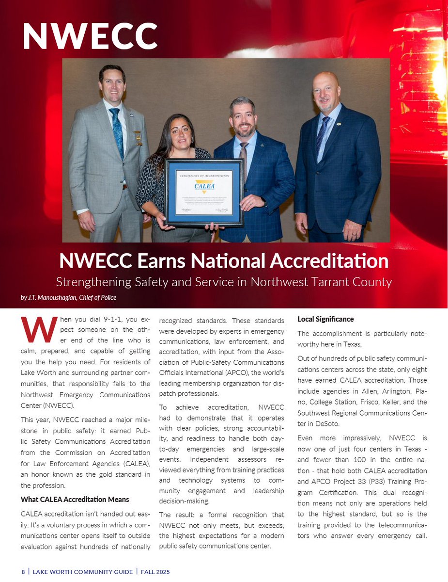 Our center was recently featured in the fall issue of the Lake Worth Community Guide. The article takes a dive into our recent <a href="/CALEA_org/">CALEA</a> accreditation and details how it strengthens safety and service in Northwest Tarrant County.

🔗: issuu.com/murraymediapub…