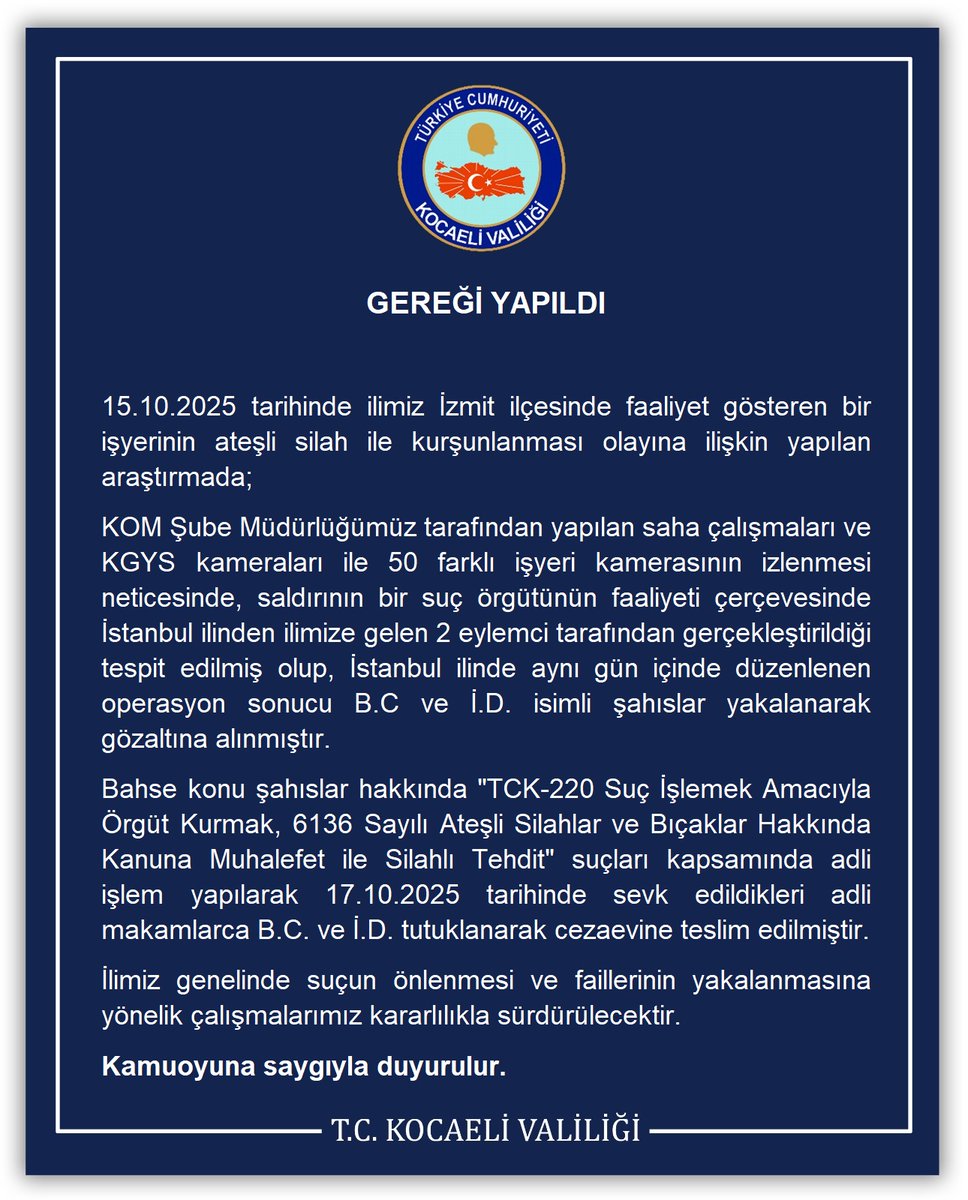 GEREĞİ YAPILDI
⬇️
kocaeli.gov.tr/geregi-yapildi…
<a href="/KocaeliEmniyeti/">Kocaeli Emniyet Müdürlüğü</a> <a href="/TC_icisleri/">T.C. İçişleri Bakanlığı</a>