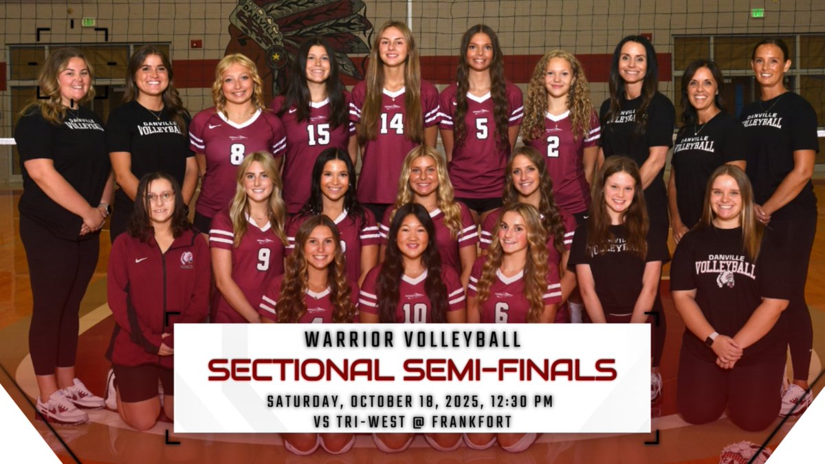 Danville Athletics (@dchswarriors) on Twitter photo π£ WARRIOR VOLLEYBALL SECTIONAL SEMIFINAL
π Saturday, October 18, 2025
π§ 12:30 PM
βοΈ Danville vs Tri-West
π Frankfort High School
Letβs pack the gym and bring the energy, Warrior Nation! π΄βͺβ«
#WarriorPride #SectionalVolleyball #GoWarriors π£ WARRIOR VOLLEYBALL SECTIONAL SEMIFINAL
π Saturday, October 18, 2025
π§ 12:30 PM
βοΈ Danville vs Tri-West
π Frankfort High School
Letβs pack the gym and bring the energy, Warrior Nation! π΄βͺβ«
#WarriorPride #SectionalVolleyball #GoWarriors