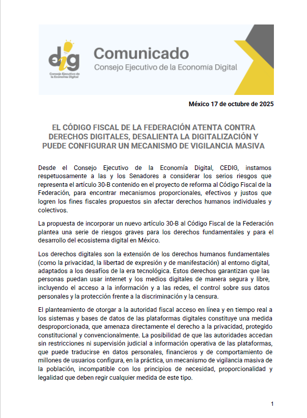 CentroiOrg's tweet photo. Desde el #CEDIG alertamos que la propuesta de art. 30-B del Código Fiscal de la Federación representa riesgos para la privacidad y los derechos digitales en Mx. Llamamos al Senado a garantizar una transformación digital con respeto a los derechos humanos
https://t.co/iNTRakCZMZ https://t.co/7sRhO2inmo