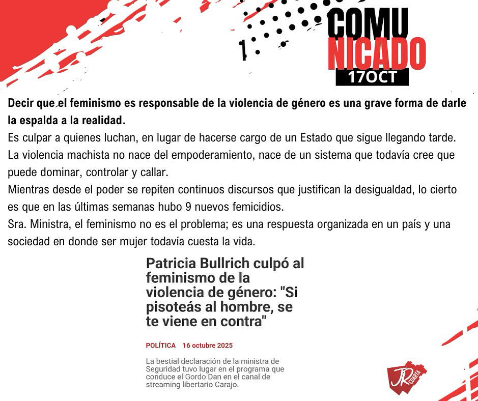 Desde la Juventud Radical de la Cuarta sección repudiamos los dichos de la Ministra Patricia Bullrich.

Decir que el feminismo es responsable de la violencia de género es una grave forma de darle la espalda a la realidad
