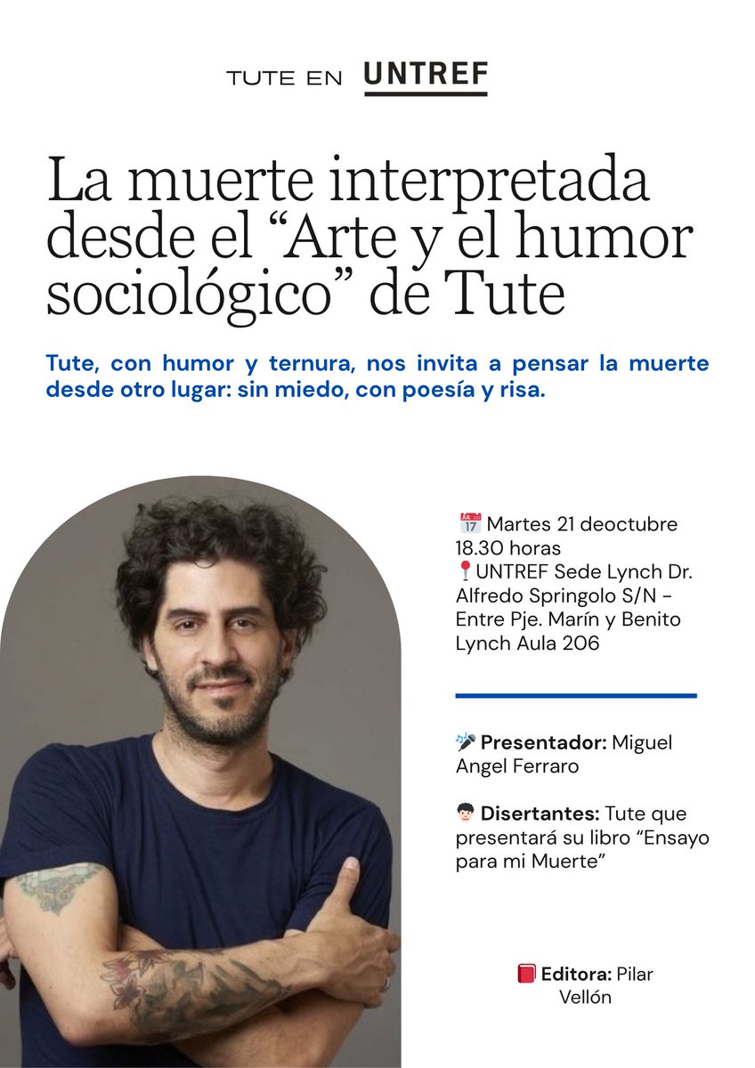 El martes 21 de octubre  a las 18.30 horas en la Sede Lynch de <a href="/Untref/">UNTREF</a> nos visita <a href="/Tutehumor/">Tute</a>.  La charla esta organizada por nuestra materia,  el Ciclo de Formación Básica y el 
Centro de Estudiantes <a href="/CEUNTREF_UU/">CEUNTREF</a>