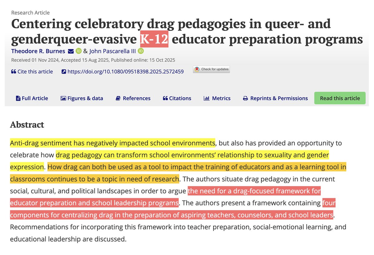 SwipeWright's tweet image. 🚨NEW: A peer-reviewed paper claims that &quot;anti-drag sentiment has negatively impacted [K-12] school environments,&quot; but has &quot;provided an opportunity to celebrate how drag pedagogy can transform school environments&apos; relationship to sexuality and gender expression.&quot; 

The authors…
