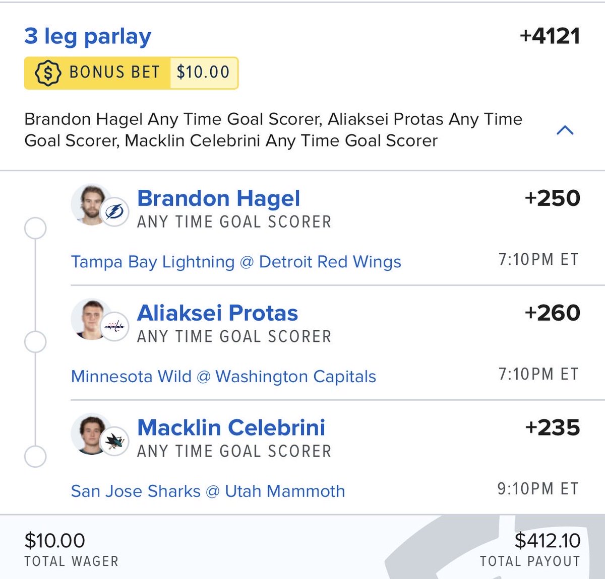 Here is what we are playing for our NHL Anytime Goal Parlay. Need more goals!