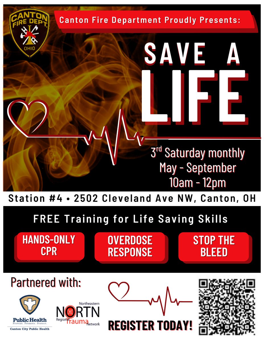 cantonhealth's tweet image. Learn how to save a life this Saturday!
Sign up today in any of these 3 ways!
1. Use the QR code
2. Go to: bit.ly/3GWvfqB
3. Call or text Jorden at: (330) 575-4859
#cantonhealth #buildingcommunity #LifeSavingSkills #HandsOnlyCPR #narcantraining #stopthebleed