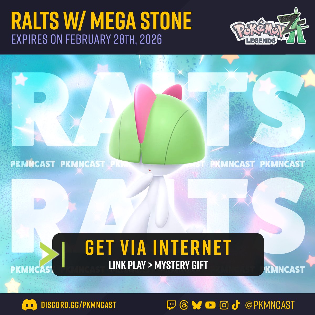 pkmncast's tweet photo. Just a reminder that you can get a Ralts /w a Mega Stone when you start #PokemonLegendZA this weekend. 

You have until Feb of 2026 to claim this gift. https://t.co/VcZT5QAIsp