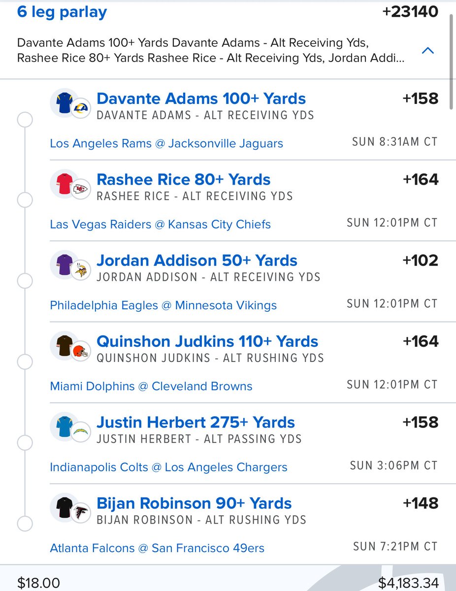 ConnorAllenNFL's tweet photo. “Guys who were suspended just want it more. Those are the facts” - @sloprules (Actually this time)

- Davante Adams 100+ 
- Rashee Rice 80+
- Jordan Addison 50+
- Quinshon Judkins 110+
- Justin Herbert 275+
- Bijan Robinson 90+

$18 ➡️ $4,000 https://t.co/7DFZrvvQW0