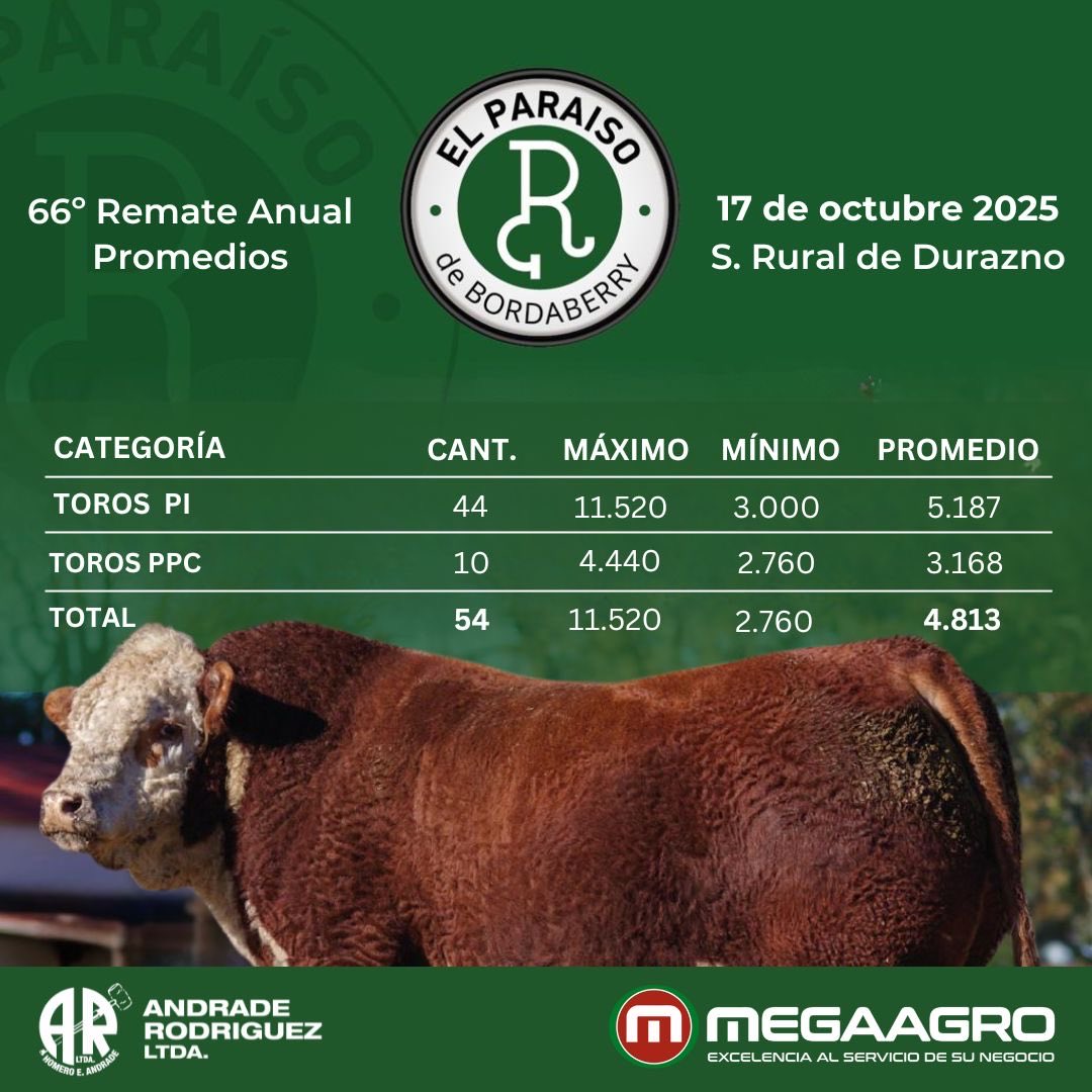 Muy buen remate de El Paraíso de Bordaberry en la Rural de Durazno 🙌

Felicitamos al equipo de la cabaña por un gran trabajo 👏 
A los clientes y amigos que nos acompañaron y al equipo de los escritorios, les agradecemos 💪