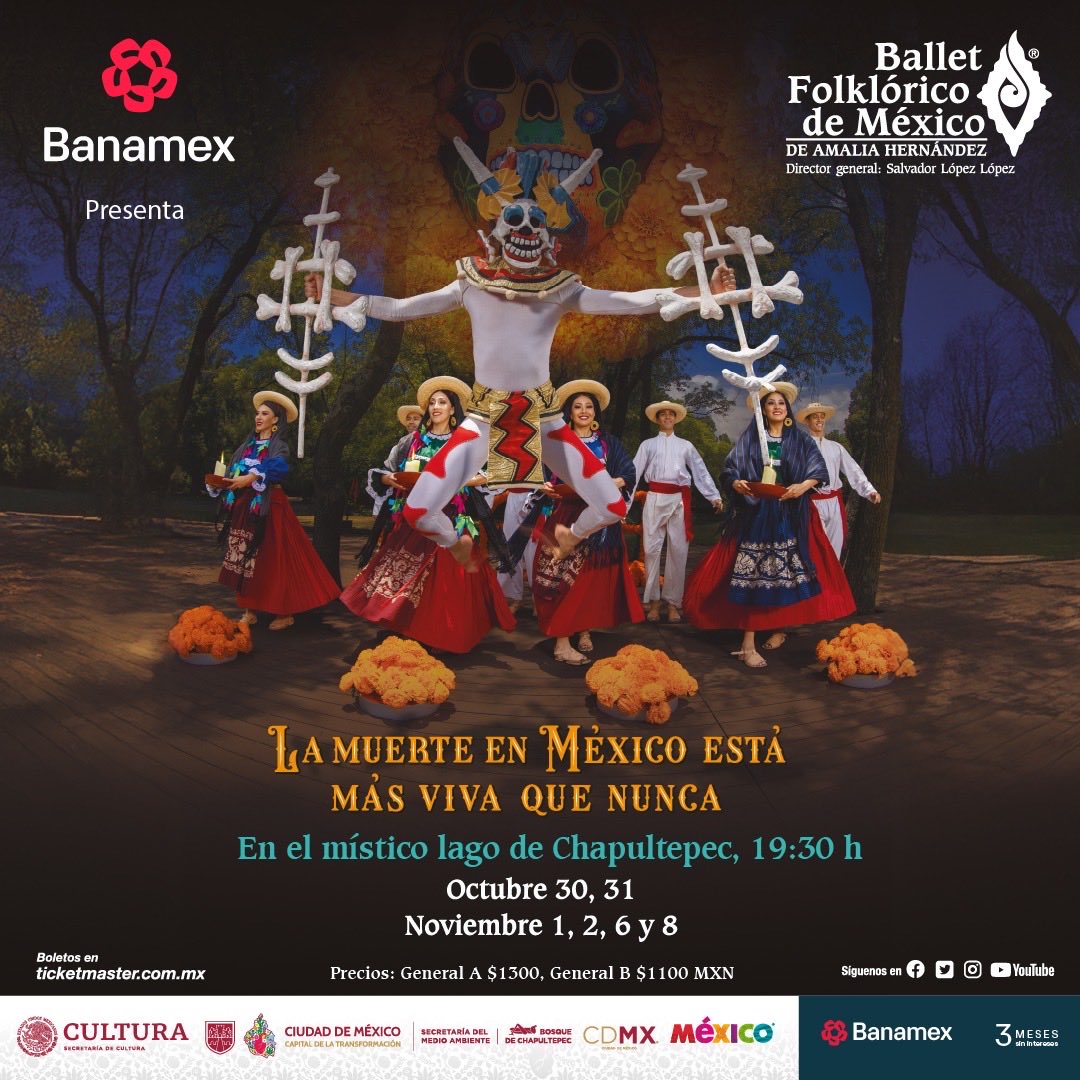 Esta próxima temporada de Día de Muertos te invitamos a celebrar lo más vivo de nuestras tradiciones con el estreno de “En México la Muerte está más viva que nunca”. 
En la mágica Isleta del Bosque de Chapultepec
30 y 31 de octubre, 1, 2, 6 y 8 de noviembre a las 19:30 h