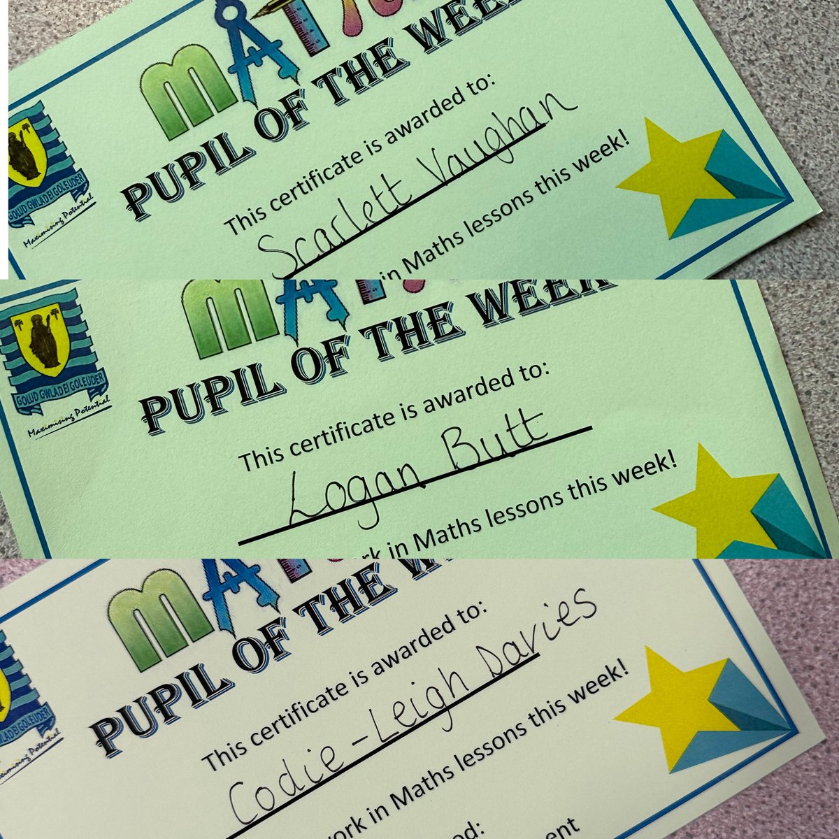 mrscullen_aths's tweet photo. βοΈPupils of the WeekβοΈ
Da iawn to all learners showing outstanding effort in their maths lessons and achieving amazing results in their first maths test ππ» #TeamTaf #ATHSMaths https://t.co/EInMpehycK