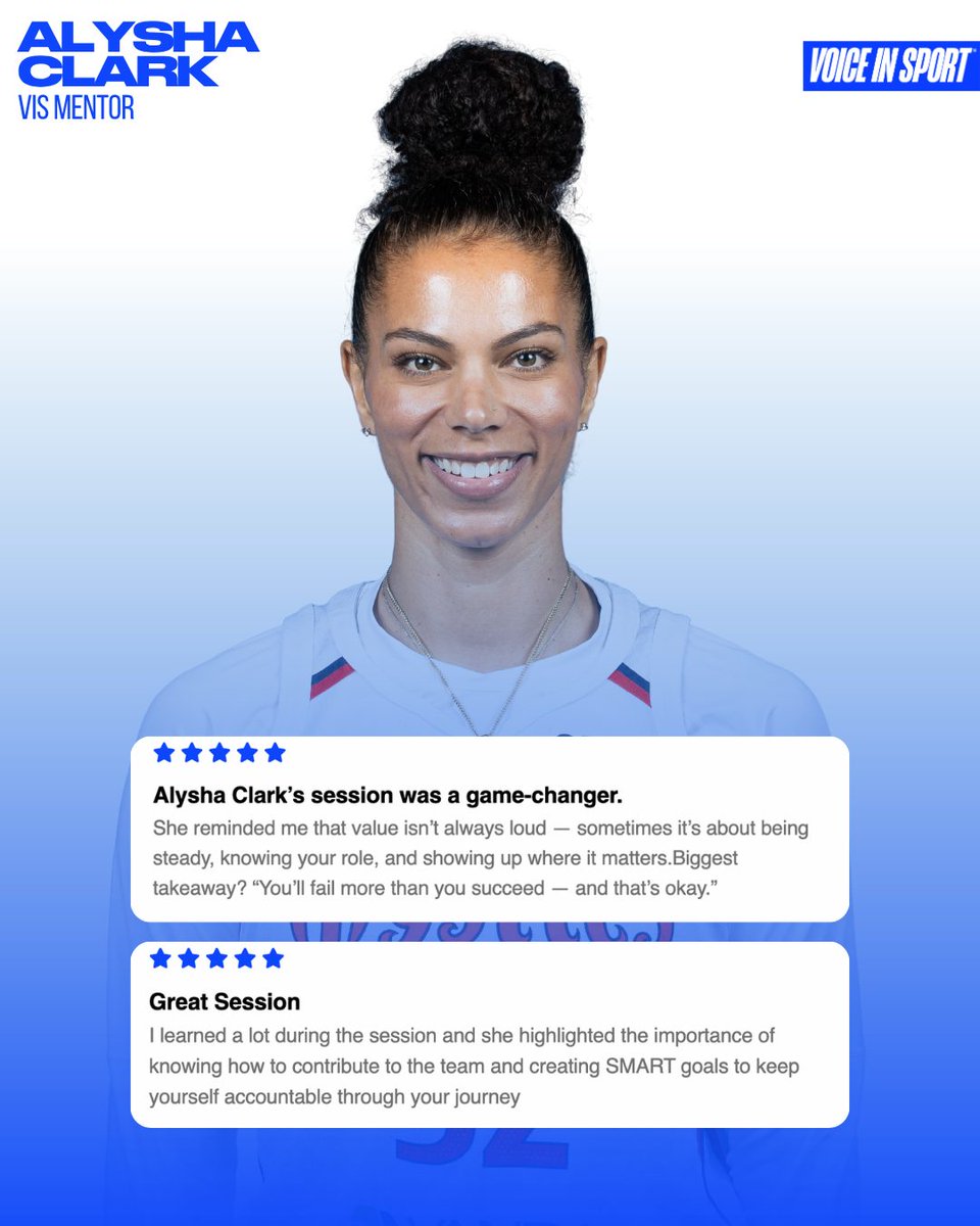 voiceinsport's tweet photo. Here's what past session attendees have to say about @alyshaclark's VIS Mentoring Sessions 💬

Alysha is hosting another one for FREE on Monday, October 20, at 6 PM ET. She will talk about "Finding Your Identity Outside of Sport" 💙

Sign up on the link in bio 📲🔗

#VISMentoring #WNBA #AlyshaClark #WashingtonMystics #Mentoring #WomensSports #WomenInSport #VoiceInSport
