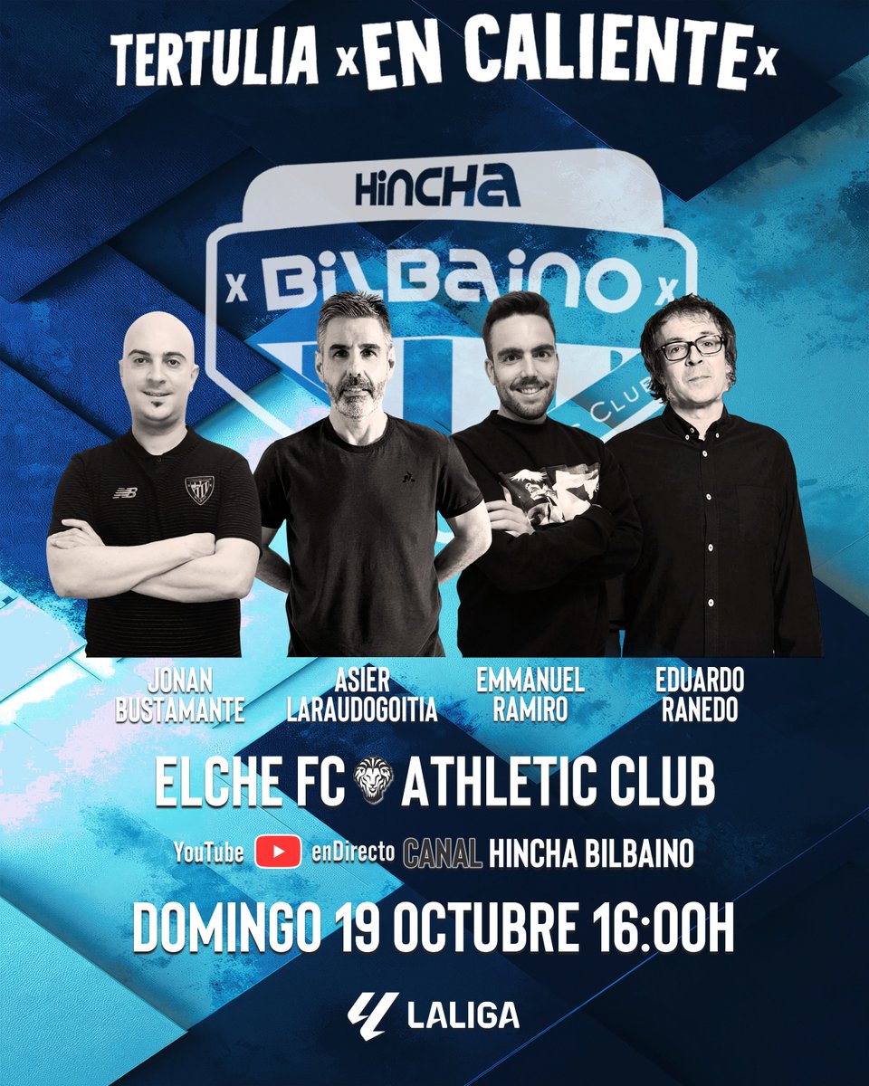 ⚽️ 9ª jornada de <a href="/LaLiga/">LALIGA</a> 

📅 Domingo 19 Oct (16:00 h.)

Al finalizar el partido <a href="/elchecf/">Elche Club de Fútbol</a> - <a href="/AthleticClub/">Athletic Club</a>

🇦🇹 Tertulia rojiblanca #EnCaliente

💻 YouTube canal #HinchaBilbaino

👥 Contertulios: <a href="/jabustamante001/">Jon Ander Bustamante</a>, #AsierLaraudogoitia, <a href="/emmanuelrf/">Emmanuel Ramiro</a> y <a href="/EduardoRanedo/">Eduardo Ranedo</a>

¡Pasaremos lista!