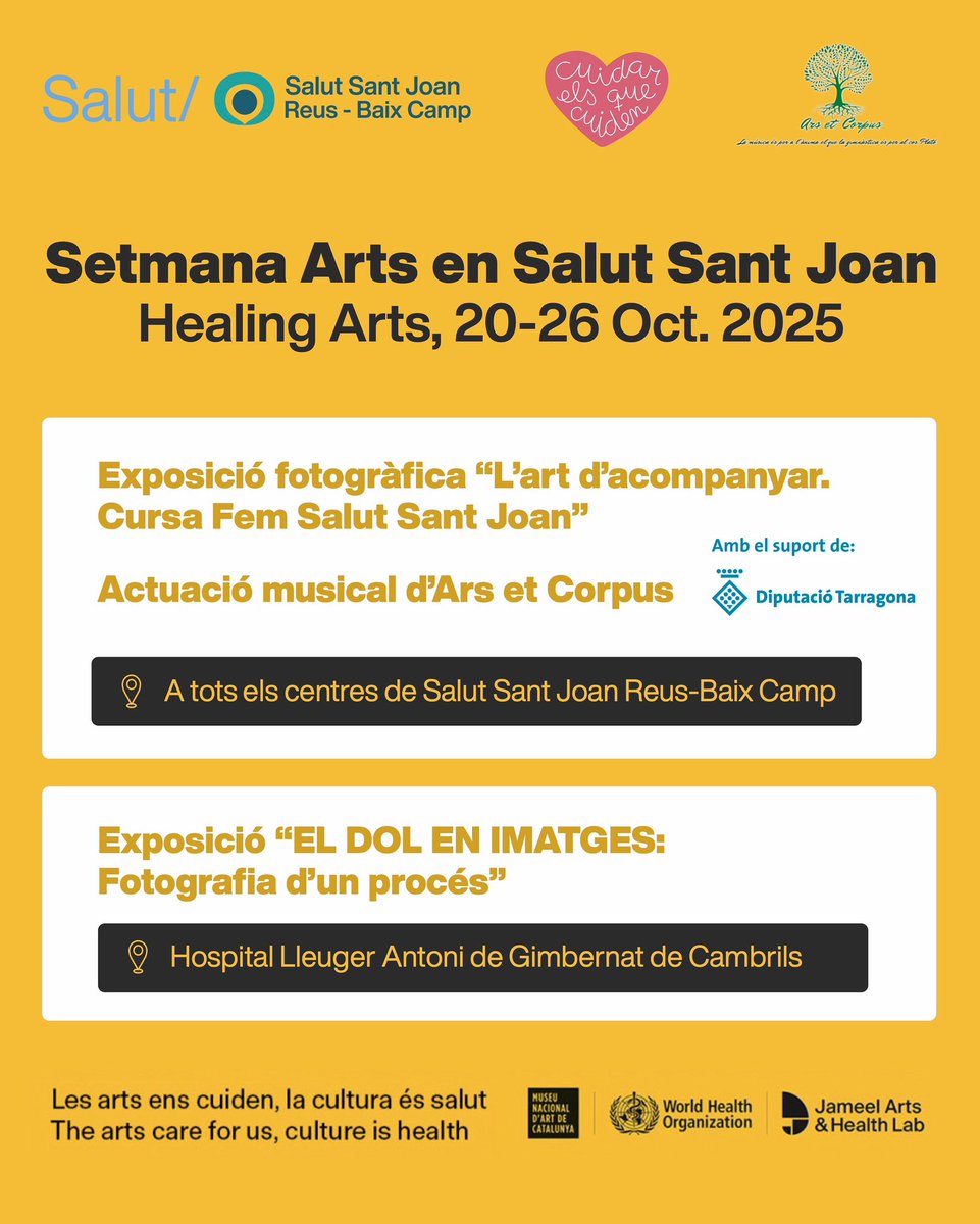 #ArtsEnSalut 👉 Del 20-26 d’Oct., Salut Sant Joan Reus-Baix Camp organitza activitats amb motiu del Healing Arts &amp; Health:

- Exposició “L’art d’acompanyar” i  “EL DOL EN IMATGES”
- Actuacions d’Ars et Corpus 

Les arts ens cuiden, la cultura és salut!

🔗 salutsantjoan.cat/ca/noticies-i-…