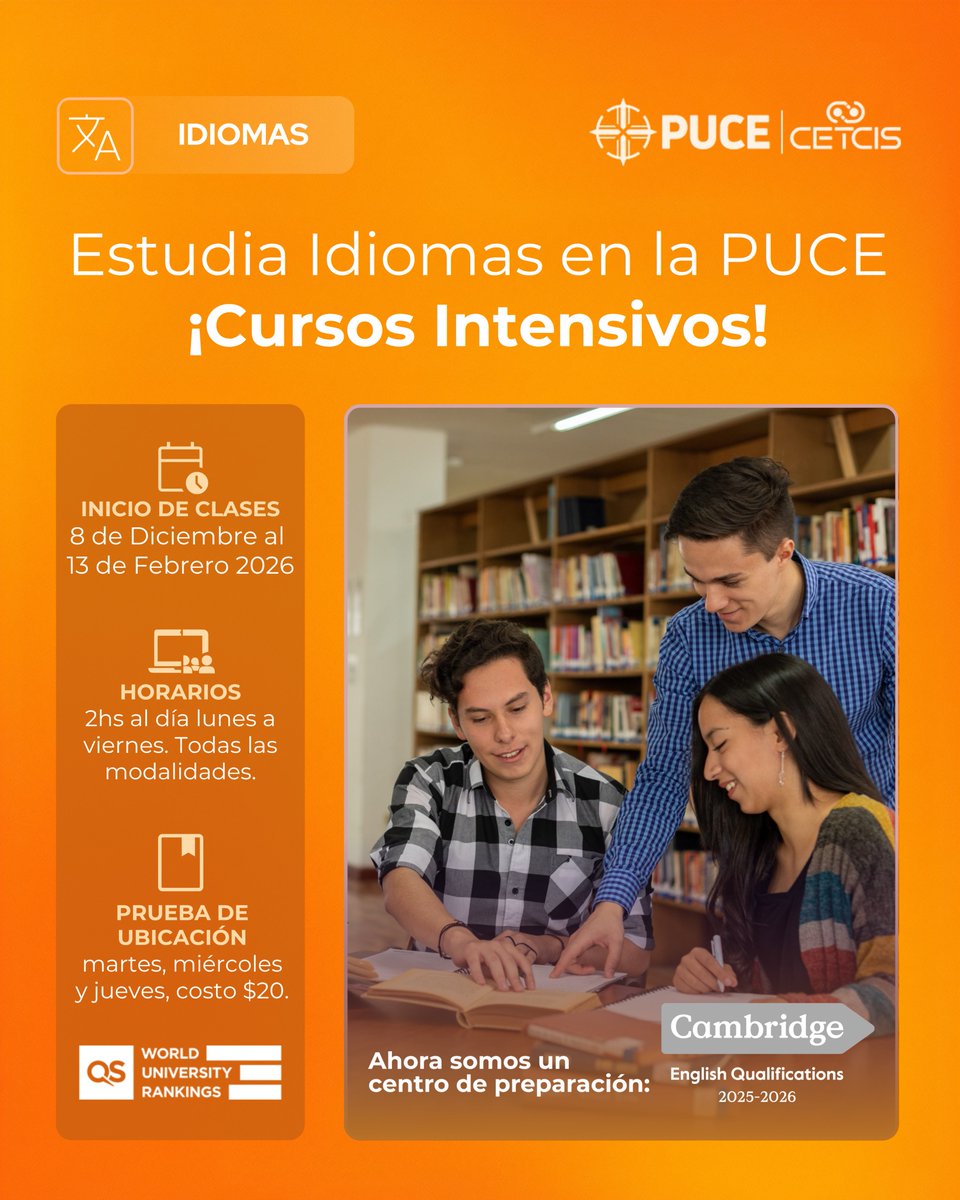 EduContinuaPUCE's tweet photo. 🌍✨ En el Centro de Idiomas de la PUCE – CETCIS te damos las herramientas para aprender o perfeccionar ese idioma que tanto te apasiona, con la flexibilidad que necesitas.

📅 Clases: 8 de diciembre – 13 de Febrero de 2026 
🕒 Horario: 2 horas diarias, de lunes a viernes https://t.co/wzk4qhXGhj