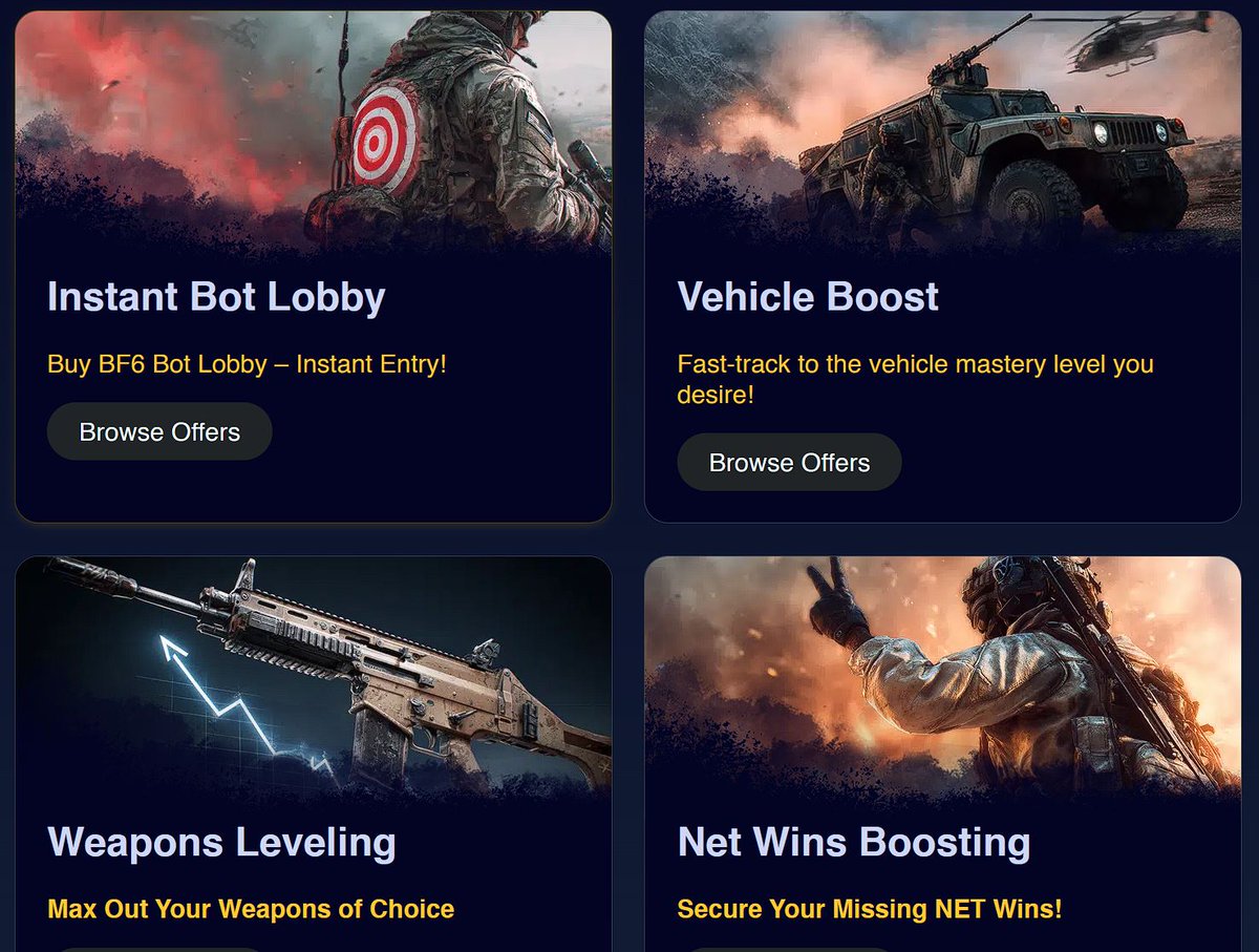 Battlefield 6 boosting services right here:
captain-carry.com/battlefield-6-…

✅ Fastest weapon/exp grind
✅ Free tips and coaching for new #bf6 players
✅ 4.9 Trust score, verified reviews
🔵 24/7 Dedicated Discord support

#battlefield6 #battlefield