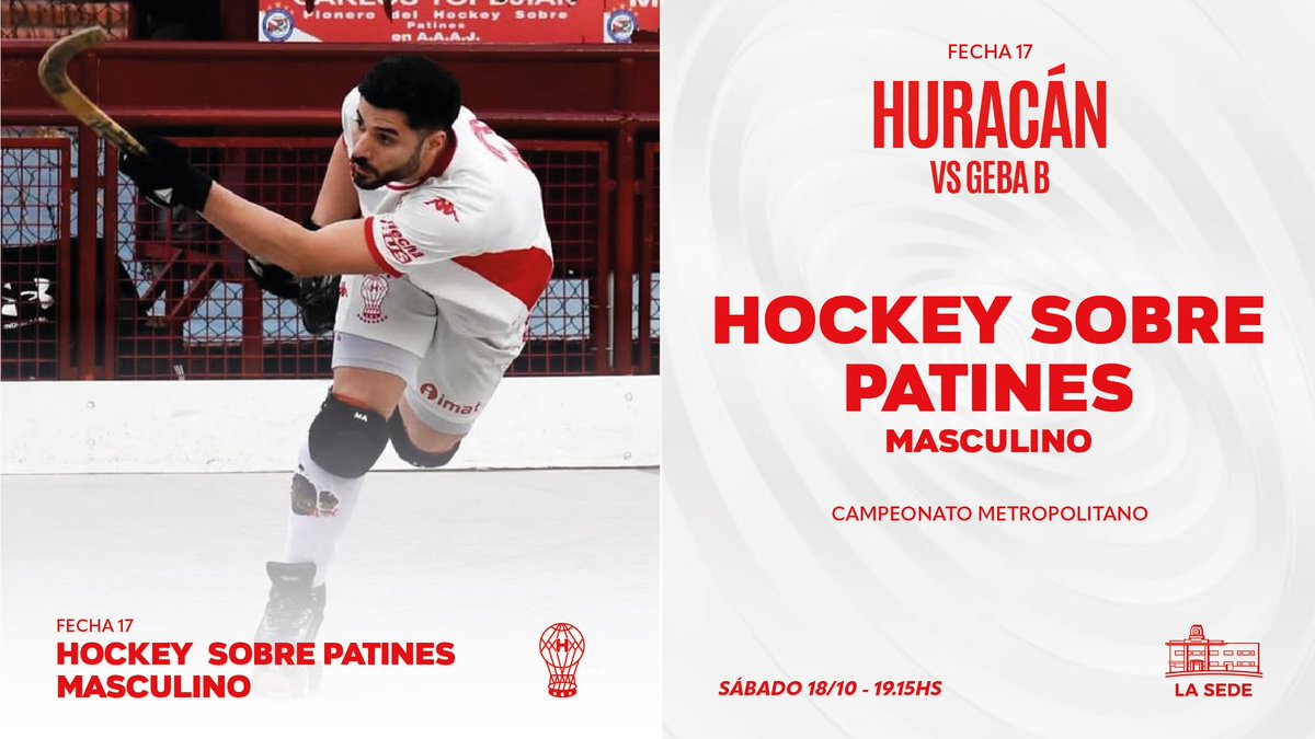 huracandeportes's tweet photo. #Huracán 🎈 #HockeySobrePatines
🏑 Este sábado 18/10 la Primera del Masculino del Globo se enfrentará a #GEBAB por la #Fecha17 del Torneo Clausura del Campeonato Metropolitano desde las 19:15, en la Sede Social https://t.co/Y8WI8y7Ka8