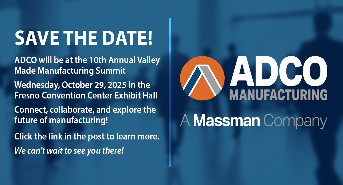 ADCO will be at the 10th Annual Valley Made Manufacturing Summit!
Oct 29, 2025 | Fresno Convention Center
Connect, collaborate &amp; explore the future of manufacturing.
Tickets &amp; info: na2.hubs.ly/H01F_Wr0

#ValleyMade #Manufacturing #Innovation #Sanger #California #VMMS25