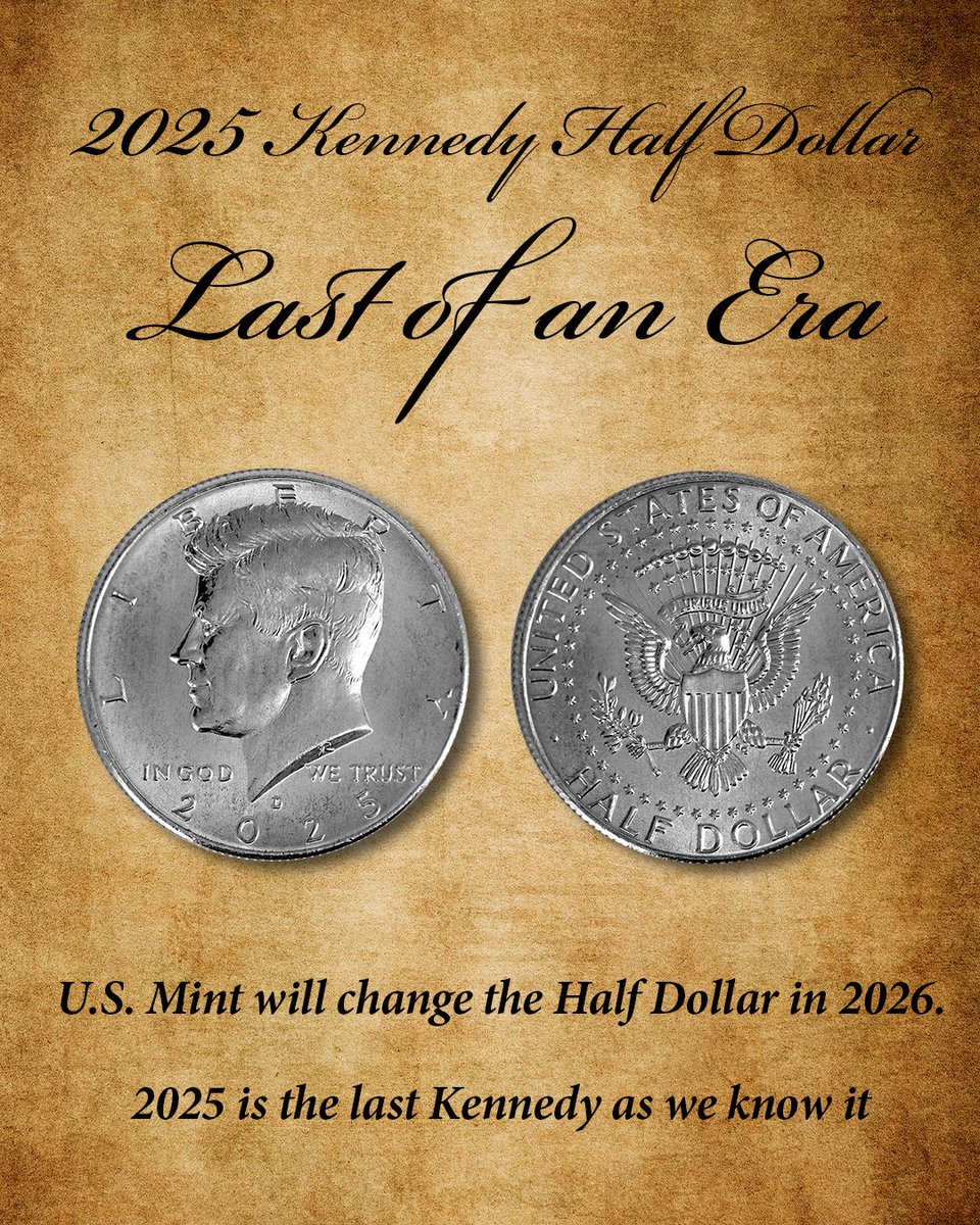 TheCSNMint's tweet photo. 2025: The Last Year of the Classic Kennedy Half

Big change is coming to America’s half dollar. The U.S. Mint has confirmed that in 2026 the Kennedy half will be replaced by special Semiquincentennial designs—meaning the familiar Kennedy portrait and the traditional reverse will give way for a year to imagery celebrating the nation’s 250th birthday. These changes are part of a broader redesign program around the Semiquincentennial.

Kennedy is slated to return in 2027, but not quite as we’ve known it—the Mint plans to retain the Kennedy obverse, while introducing annual reverse designs honoring Paralympic sports through 2030. The classic “Kennedy/Coat of Arms” pairing won’t come back after 2025.

So for collectors, 2025 is the final year of the Kennedy half dollar in its traditional form—the last strike with the long-standing reverse design before an era of change.

If you want to preserve this moment in numismatic history, CSN Mint offers complete rolls of 10 Philadelphia + 10 Denver 2025 Kennedy halves—a great way to hold onto that final “classic” issue. Available now at https://t.co/2z6Y5y61MU.

#KennedyHalf #2025Kennedy #Semiquincentennial #CoinCollectors #HalfDollar #USMint #Numismatics #CoinCommunity #LastOfTheClassic #CSNMint #CollectibleCoins
