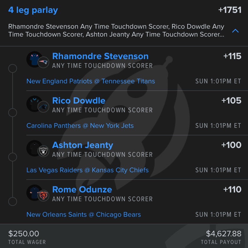 SUNDAY MOONSHOT 🌕🚀

FOUR TOUCHDOWN SCORERS.

$250 ➜ $4,628 💰

THE LAUNCH IS SCHEDULED. SUNDAY 1PM. 🚨