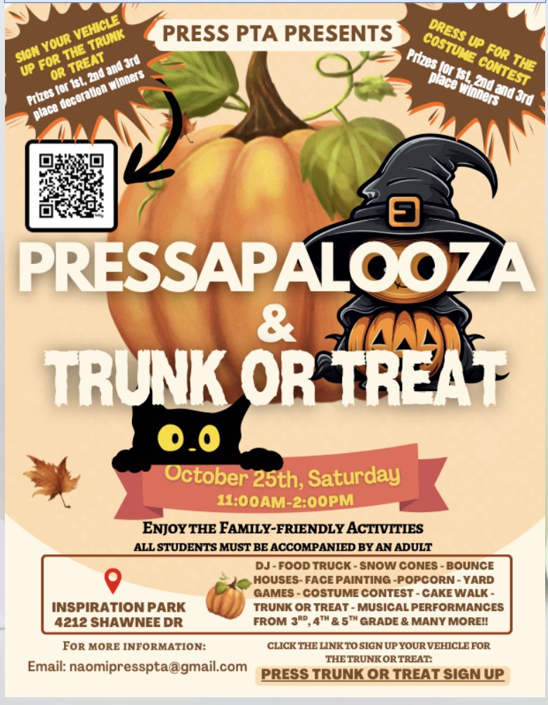 Join us for Pressapalooza on Saturday, October 25th from 11 AM to 2 PM! The Trunk or Treat starts at 1:15 PM. There is still time to sign your vehicle up for the Trunk or Treat.