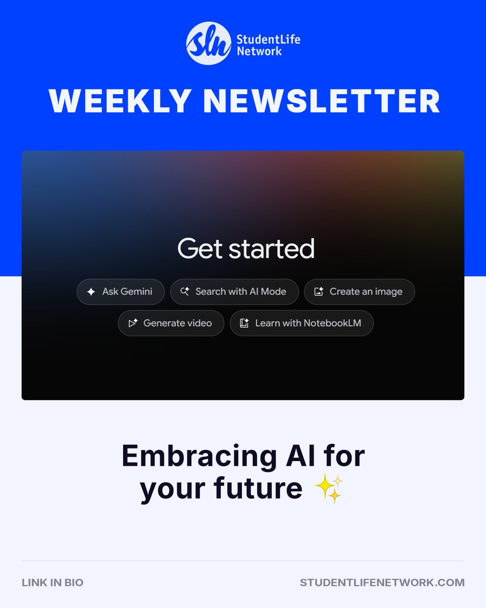 StudentLifeNet's tweet image. AI is much more than a sneaky shortcut or a &quot;cheat code&quot; for school. When used effectively, for instance, to make information more digestible and memorable, it can actually enhance your ability to retain knowledge. Think of it as your study bestie! ✨
🔗mailchi.mp/studentlifenet…