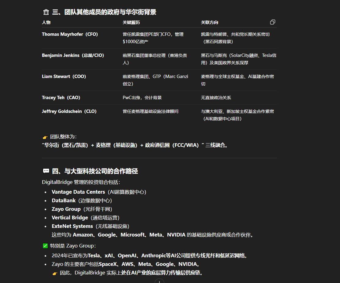 Jonewang7's tweet photo. DigitalBridge 管理的投资组合包括:
Vantage Data Centers(AI超算数据中心)
DataBank(边缘数据中心)
Zayo Group(光纤骨干网)
Vertical Bridge(通信塔运营)
ExteNet Systems(无线基础设施)
这些均为 Amazon、Google、Microsoft、Meta、NVIDIA 的基础设施供应商或合作伙伴。 https://t.co/9l0hAI7Dqr