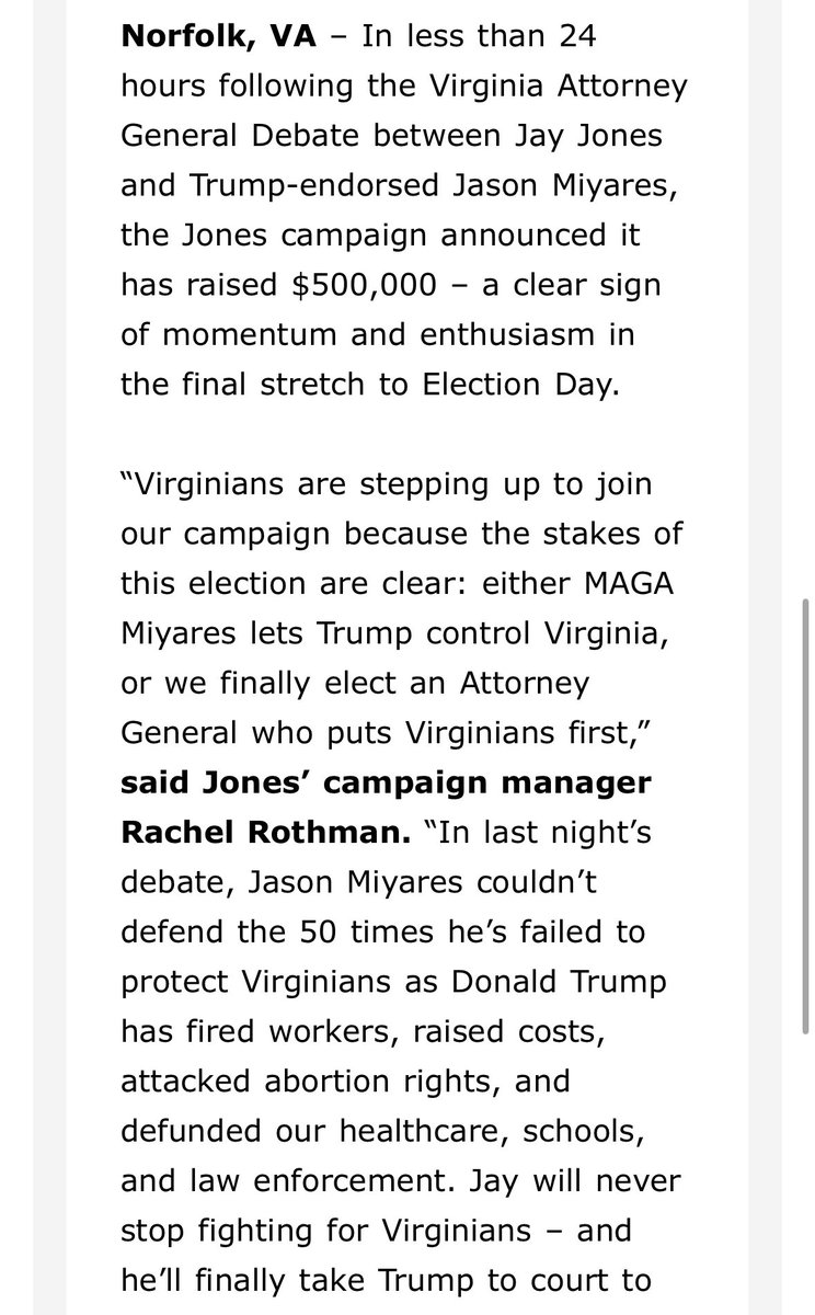 Jaaavis's tweet image. Jay Jones’ campaign just said he raised $500,000 since the debate last night