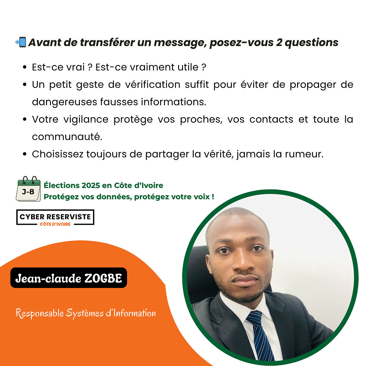 J-8 Élection présidentielle Côte d’Ivoire 2025 🇨🇮La Communauté Cyber Réserviste Côte d'Ivoire (#CRCI) poursuit sa campagne nationale de sensibilisation.
#africa #Cybersecurity #Elections2025 #CIV225 #IA #FakeNews #Abidjan #risk