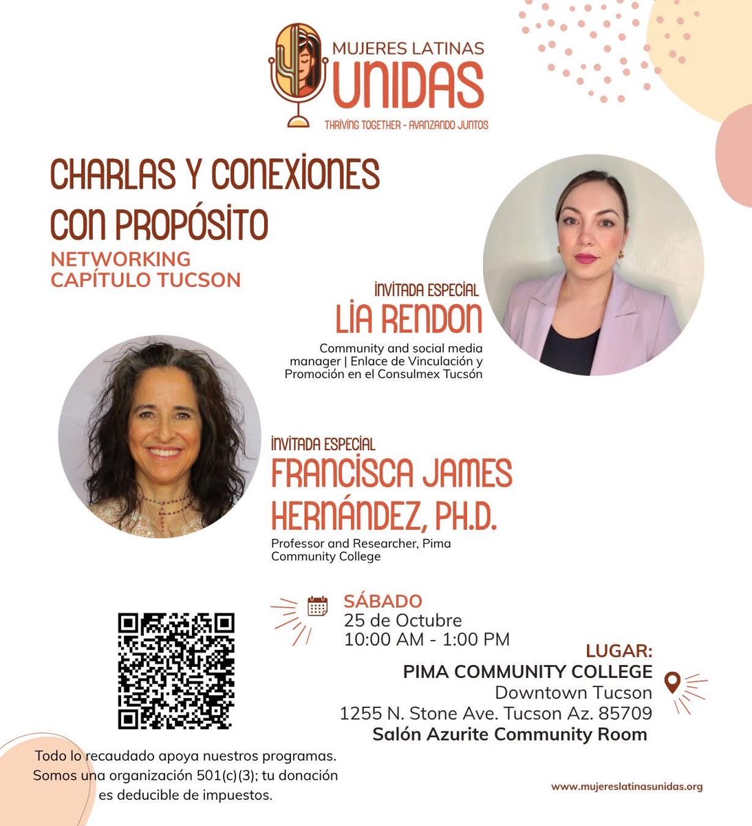 Charlas y Conexiones con Propósito
Networking Capítulo Tucson 🌟 

📅 25 de octubre de 2025
📍 Pima Community College, Tucson

💜 Un espacio para inspirarte, conectar y aprender

🔗 Regístrate: zeffy.com/en-US/ticketin…