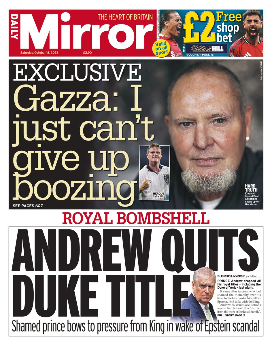 On Saturday's front page: Prince Andrew loses all royal titles as