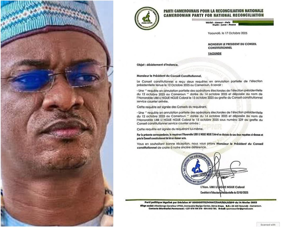 MimiMefoInfo's tweet image. #Urgent
Presidential Election 2025: Cabral Libii Withdraws His Appeals Before the Constitutional Council
Cabral Libii Li Ngué Ngué, candidate in the October 12, 2025 presidential election, has officially withdrawn the two petitions he had filed before the Constitutional Council…
