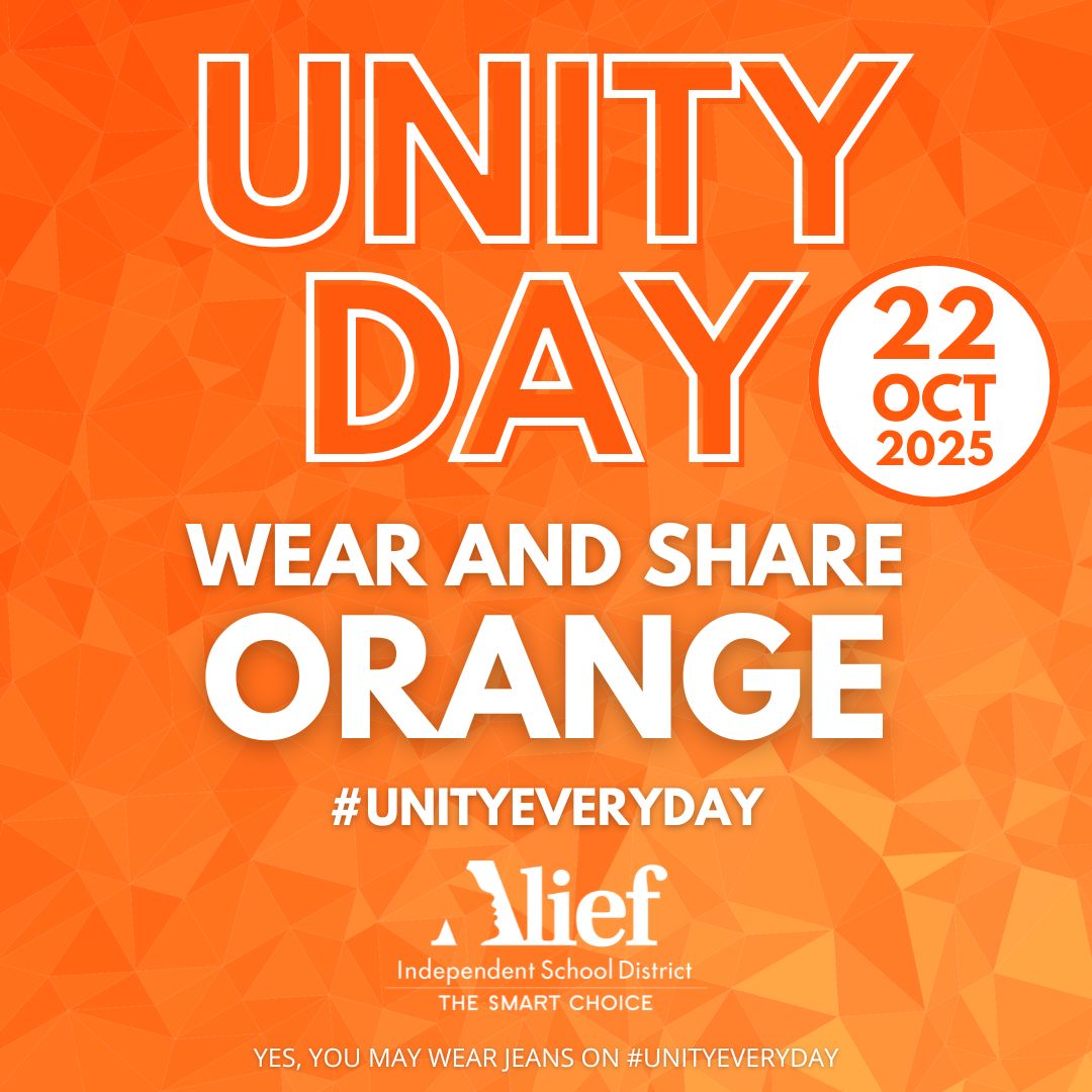 AliefISD's tweet image. Stand together against bullying! On Wednesday, October 22, wear orange to show your support for kindness, inclusion, and acceptance. Let’s make a difference by spreading positivity and unity. #UnityEveryDay