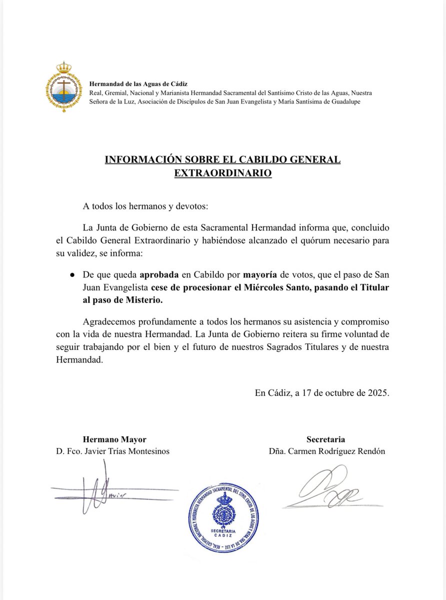 HdadAguasCadiz's tweet photo. Cabildo General Extraordinario - Información a los Hermanos y Devotos. https://t.co/8KEY8ZNZZa